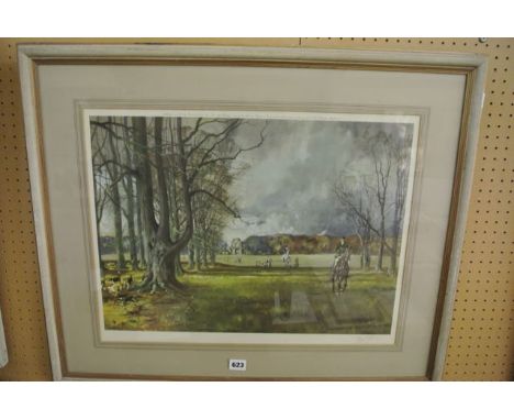 A signed coloured print after Michael Lyne showing a hunting scene at Badminton with The Beaufort hunt signed in pencil botto