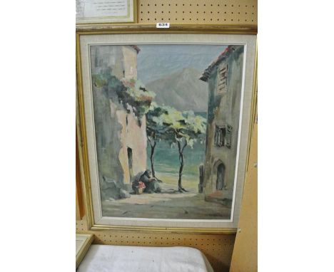 An oil painting on canvas of a continental scene with flower seller seated between buildings, signed bottom right M Marchant,