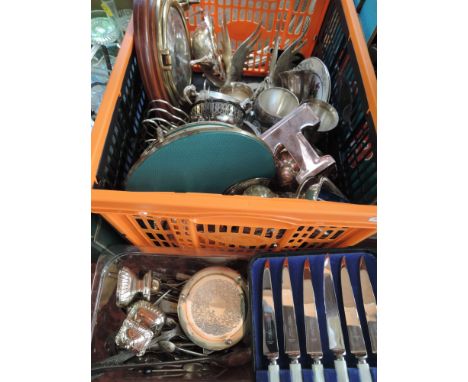 A box containing a selection of mostly plated wares to include toast racks, plate and drinks coasters, cream jug, sugar basin