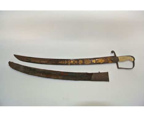 A 1796 Patten light cavalry officers sword with decorated blade and leather scabbard