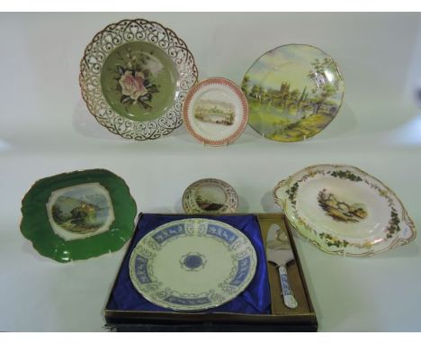 A collection of decorative ceramics including a Royal Worcester plate with printed and infilled decoration of Hereford Cathed