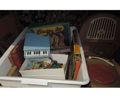 A vintage cased record player in carrying case with Bakelite and other surround, a boxed Pixiano, a boxed Super Soccer Footba