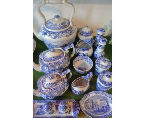 A quantity of Copeland Spode blue and white printed Italian pattern wares comprising two graduated teapots, two milk jugs, a 