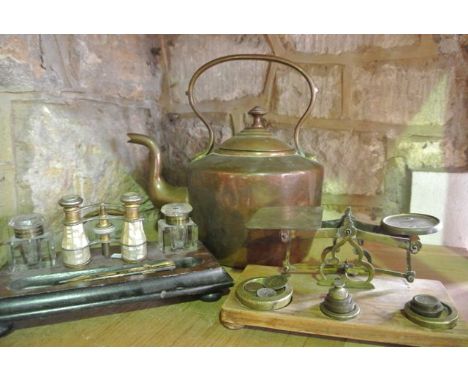 A lidded Victorian copper kettle together with a timber office standish complete with two cut glass inkwells, a gold plated p