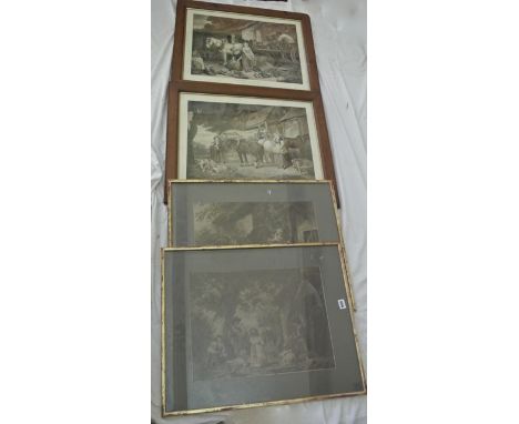 A pair of coloured prints after F Wheatley - Going To Labour and Preparing For Market, 47 x 57 cm in oak frames with gilt sli