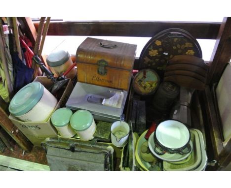 A large collection of miscellaneous effects to include a 19th century tin chest with hinged top and lock with faux wood grain