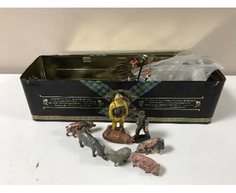 A tin of vintage lead figures of farmyard animals, zoo animals etc 