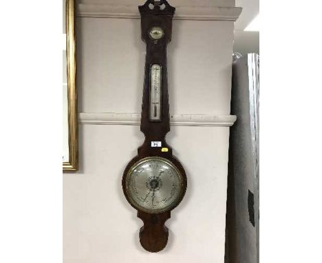 A Victorian inlaid mahogany  banjo barometer with silvered dial