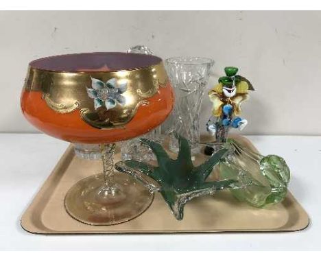 A tray of lead crystal vases and decanter, Murano glass clown etc 