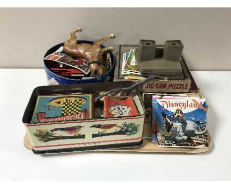 A tray of mid 20th century and later toys - Lego, Bat Man puppet, stereo viewer, games, dominoes etc, a Teddy bear, a golly a