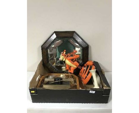 A box of Tiger telephone, cobblers last, oak framed mirror, mantel clock, thimbles etc 
