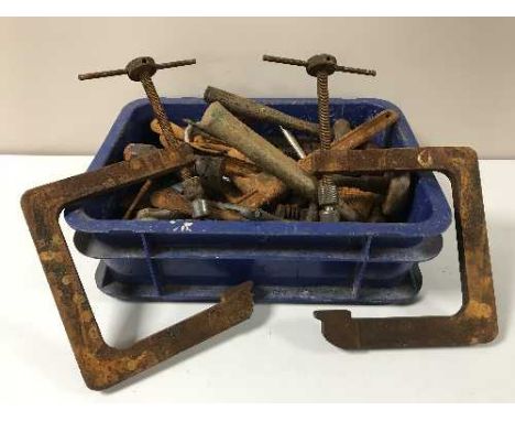A pine joiner's tool box and tools together with a plastic crate of hand tools etc