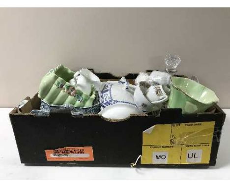 A box containing English blue and white meat plates and tureens, Clarice Cliff bowl, china tea service, Maling jug etc