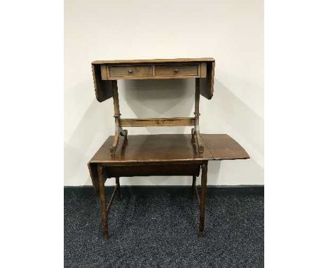 A walnut drop sofa table and a walnut drop end sewing table 