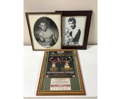 A collection of boxing memorabilia inc. un-framed boxing posters and promotional items, framed Nigel Benn Chris Eubank 1993 t