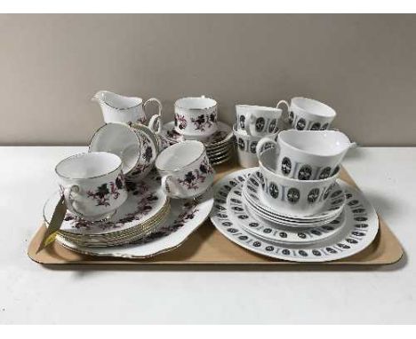 A tray containing a nineteen piece Paragon Michelle tea service together with a part Queen Anne tea service 