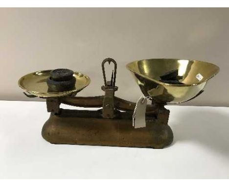A set of vintage W. T & T. Avery kitchen scales with brass pans and weights 