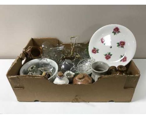 Four boxes containing assorted china, glassware, toys etc