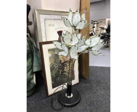 A four way floor lamp with glass flower shades and two framed prints 