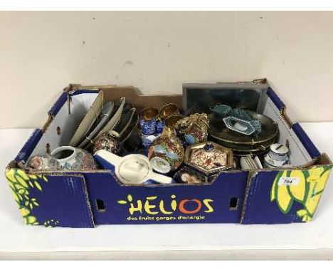 Two boxes of 70's Poole and J G Meakin dinner ware, delft wall plates, Japanese coffee set etc 