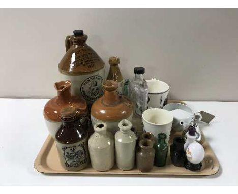 A tray of vintage flaggons and bottles, Sunderland lustre mug, commemorative mug, etc 