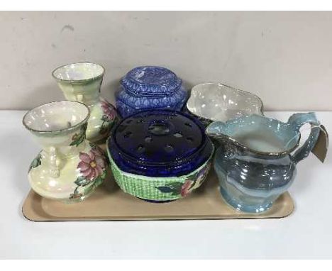 A tray of four pieces of Maling lustre ware, Ringtons flower holder and tea caddy 