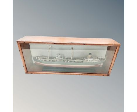 A scale model of a trawler in display case, width 72 cm 