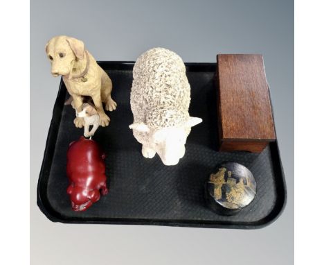 A tray of animal figures, Japanese lacquered trinket pot, musical jewellery box in the form of a coffer 