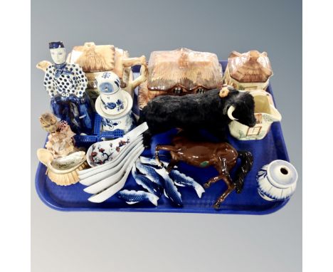 A tray of cottage ware, china, delft ceramics, Beswick horse etc 