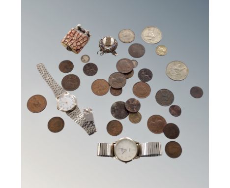 A small box of antique and later coins, wrist watches, lighter etc 