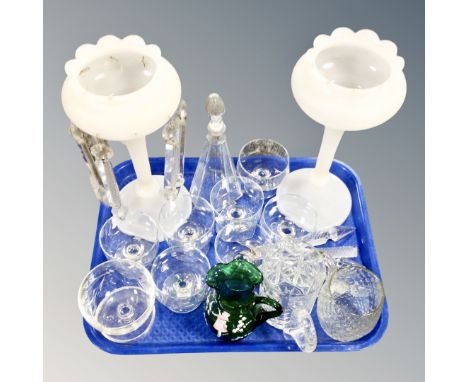 A tray of pair of opaque table lustre's with crystal drops, and further glass ware 