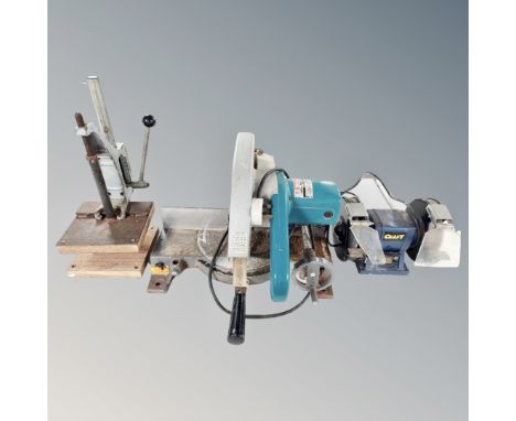 A Makita 255mm compound saw together with a Powercraft bench grinder and a press 