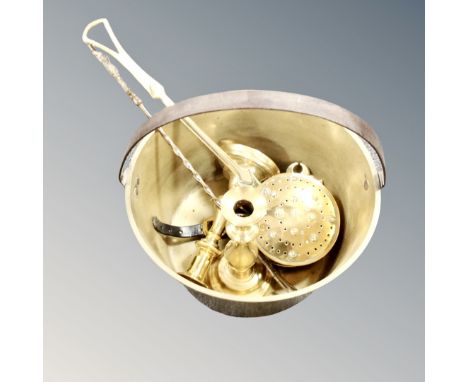 A brass jam pan, pair of candlesticks, toasting fork, chestnut roaster etc 