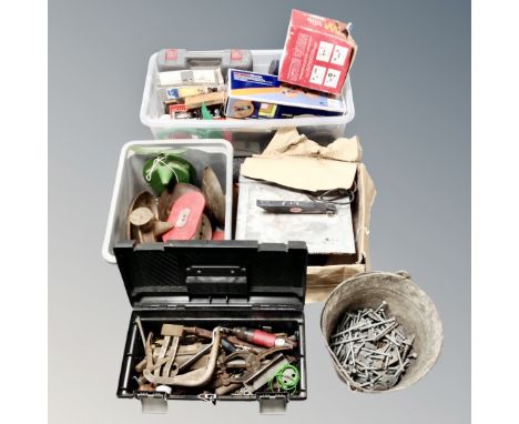 Four boxes of assorted tools, hardware, Salter shop scales, galvanised bucket of roof fixings etc 