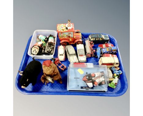 A tray of vintage die cast cars, glass marbles, tin plate wind up circus wagon, wind up monkey with brass cymbals etc 