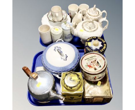 A tray of vintage tins, picquot teapot, Bristol blue and white tureen 