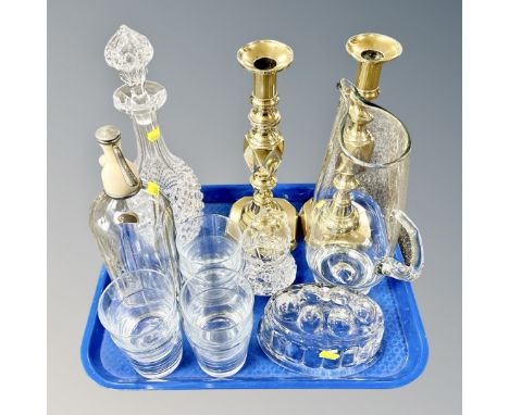 A tray of a pair of King of Diamonds brass candlesticks, soda syphon, decanter with stopper, glass ware 
