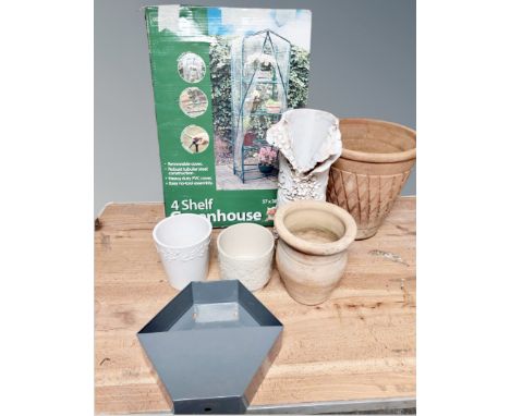 A Garden Essentials four shelf greenhouse, boxed, together with six assorted garden and other plant pots, metal shelf etc 