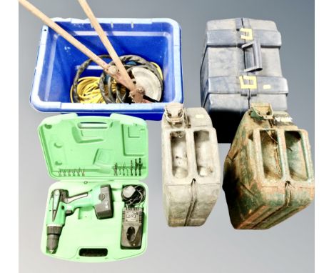 Two jerry cans and two further boxes containing tools and hardware 