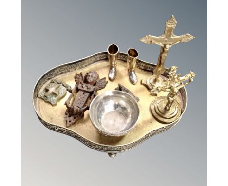 A silver plated gallery tray containing plated bowl, two brass crucifix, Victorian door knocker etc 