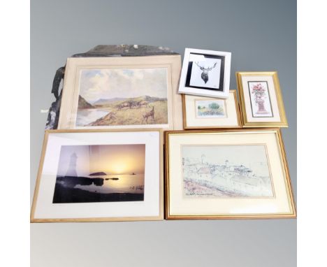 A T McArdle signed print of North Shields Fish Quay, together with five further pictures 