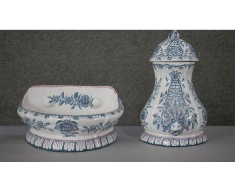 A vintage two piece hand painted Berardos Portuguese ceramic wall fountain. Decorated with a stylised floral and foliate desi