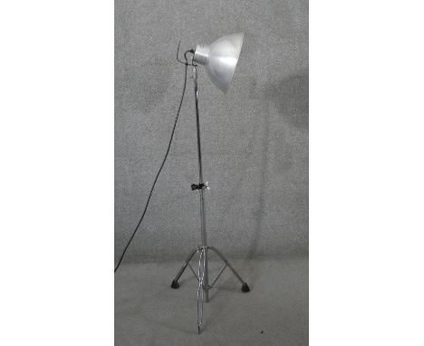 A vintage industrial brushed aluminium Photax reflector lamp on tripod base (rubber foot missing). Makers label to the shade.