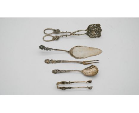 A collection of continental silver. Including sugar tongs, cake slice, sugar spoon and pickle fork. Stamped 800. Each with re