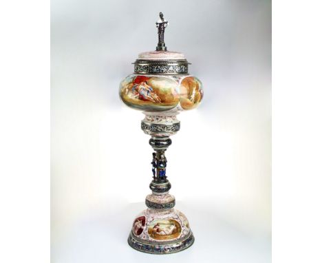 A magnificent Viennese enamel cup and cover The cover with an enamelled finial of a classical maiden on a slightly domed base