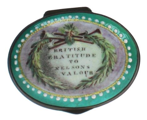 Rare Bilston Enamel Nelson Patch Box Declaring " British Gratitude to Nelsons Valour" on Green Base c1805.
PLEASE CLICK HERE 