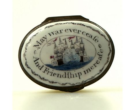 Rare Bilston Enamel political Patch Box declaring" May War ever cease and Trade increase "on Yellow base c1780.
PLEASE CLICK 