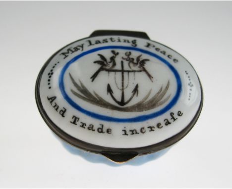 Rae Bilston Enamel Political patch Box "May lasting peace and Trade Increase " on pale blue base c1780. 
PLEASE CLICK HERE TO