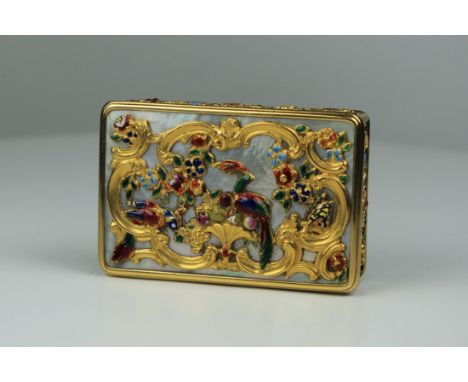 A rare gold, enamel and mother-of-pearl snuff box by A. J. Strachan. The gold box cased with mother-of-pearl with gold and en