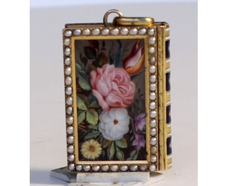 Gold and Enamel Book shaped Vinaigrette The cover set with pearls and Painted with summer flowers the spine with blue and whi